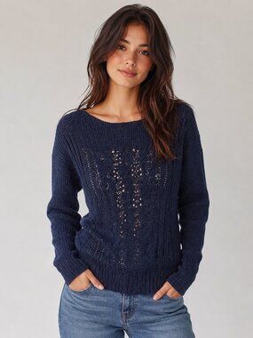 Jones New York Navy Cable Knit Crochet Detail Sweater